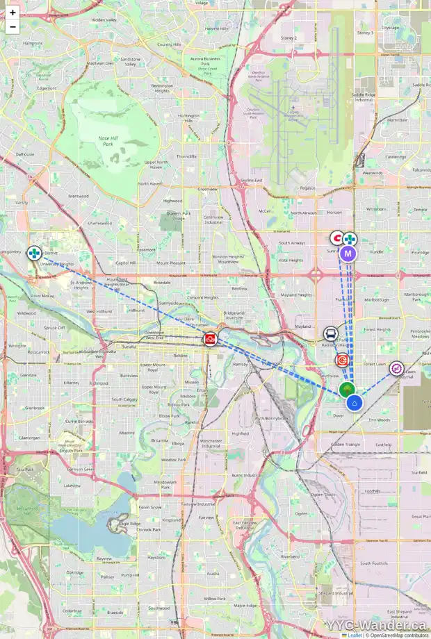 Daily accessibility map for 3463 31A AV SE, Calgary showing nearby schools, grocery stores, parks, LRT stations and nearby amenities