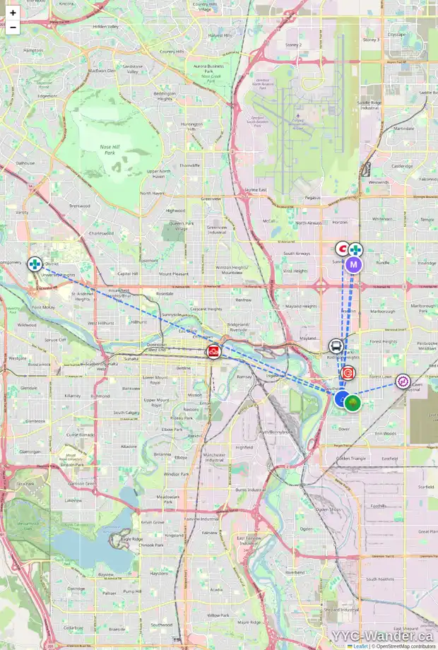 Daily accessibility map for 2450 28 ST SE, Calgary showing nearby schools, grocery stores, parks, LRT stations and nearby amenities