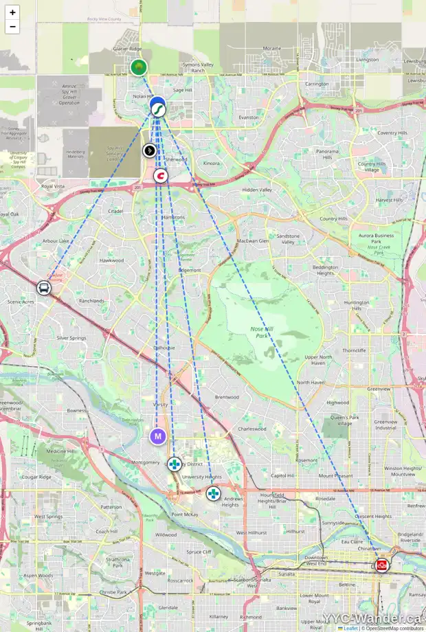 Daily accessibility map for 144 NOLANFIELD WY NW, Calgary showing nearby schools, grocery stores, parks, LRT stations and nearby amenities