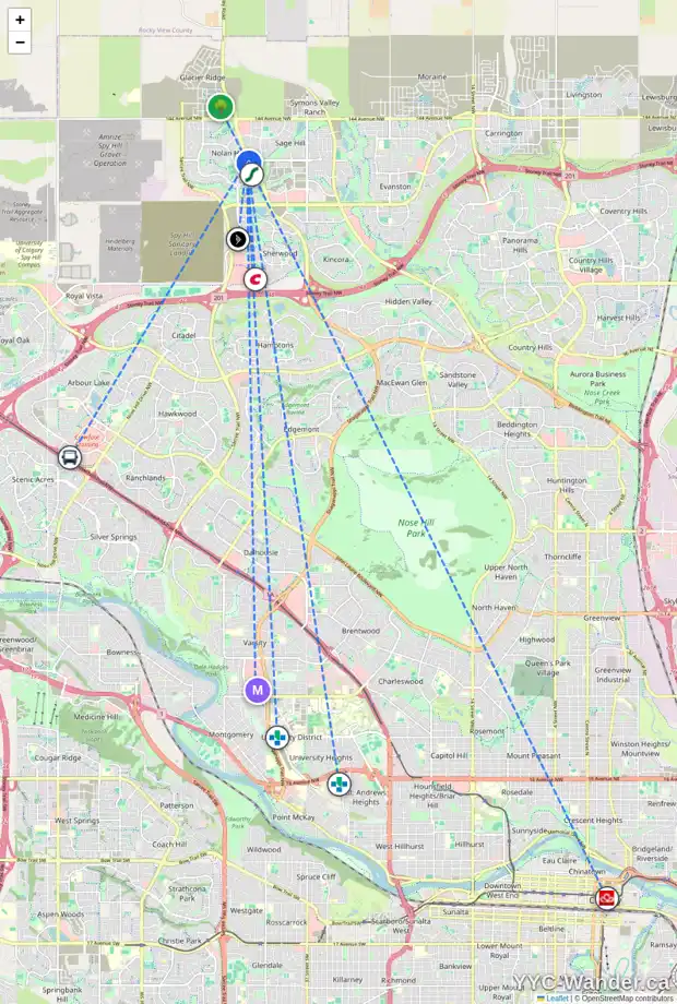 Daily accessibility map for 168 NOLANFIELD WY NW, Calgary showing nearby schools, grocery stores, parks, LRT stations and nearby amenities