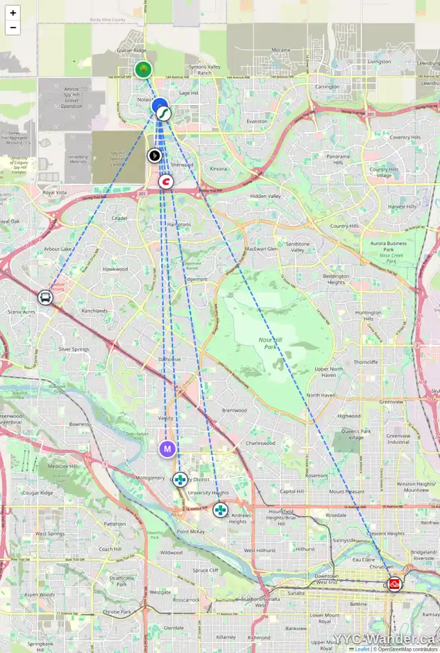 Daily accessibility map for 18 NOLANFIELD TC NW, Calgary showing nearby schools, grocery stores, parks, LRT stations and nearby amenities