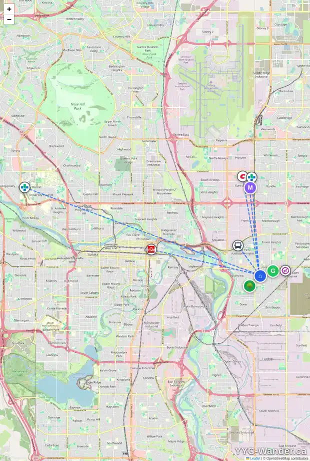 Daily accessibility map for 2216 38 ST SE, Calgary showing nearby schools, grocery stores, parks, LRT stations and nearby amenities