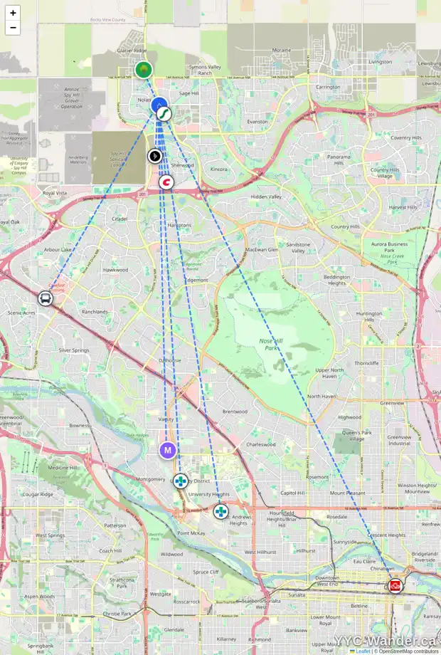 Daily accessibility map for 17 NOLANFIELD MR NW, Calgary showing nearby schools, grocery stores, parks, LRT stations and nearby amenities
