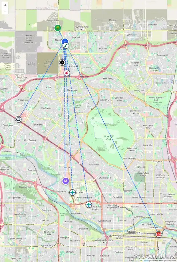 Daily accessibility map for 196 NOLANFIELD WY NW, Calgary showing nearby schools, grocery stores, parks, LRT stations and nearby amenities
