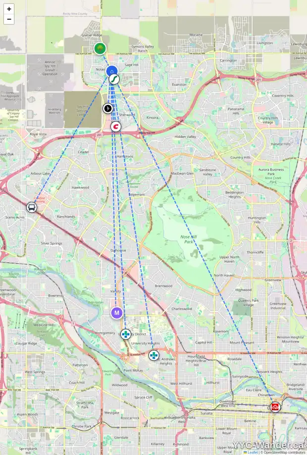 Daily accessibility map for 224 NOLANFIELD WY NW, Calgary showing nearby schools, grocery stores, parks, LRT stations and nearby amenities
