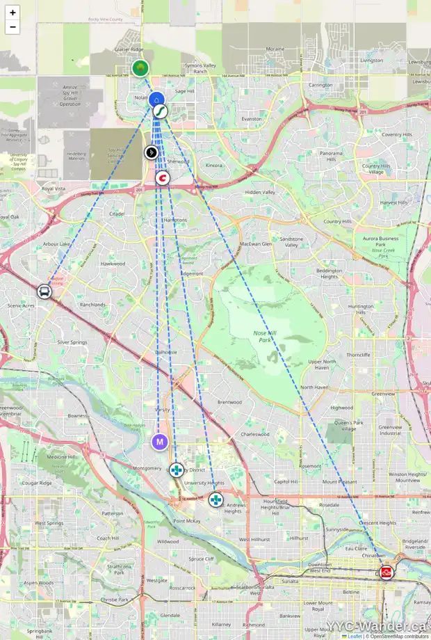 Daily accessibility map for 228 NOLANFIELD WY NW, Calgary showing nearby schools, grocery stores, parks, LRT stations and nearby amenities