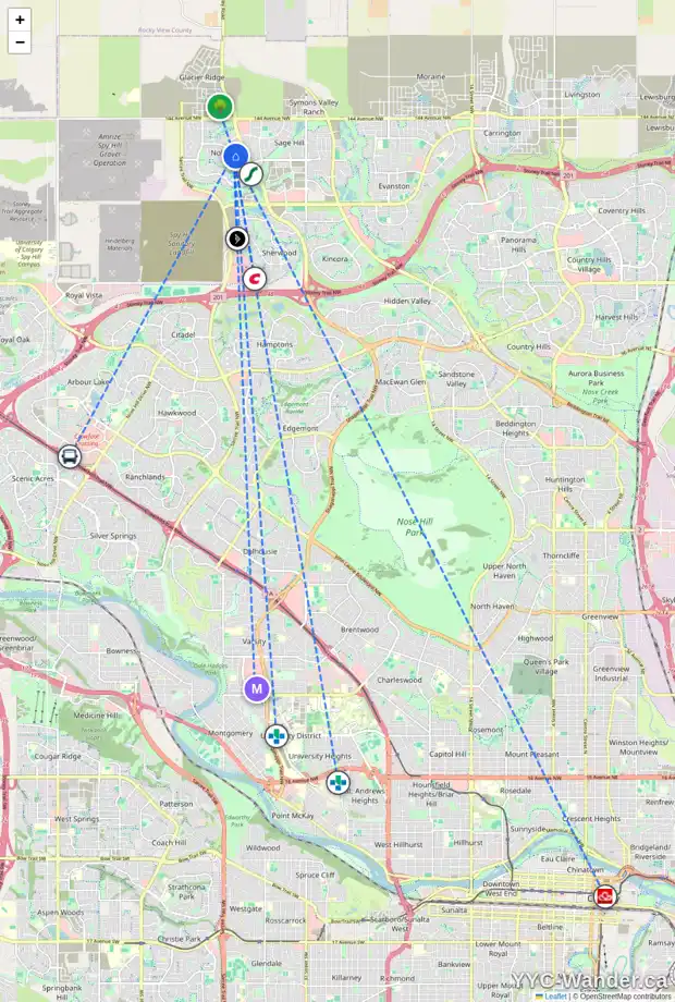 Daily accessibility map for 70 NOLANFIELD HT NW, Calgary showing nearby schools, grocery stores, parks, LRT stations and nearby amenities