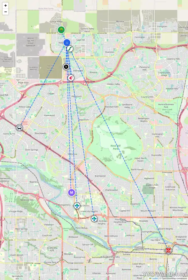 Daily accessibility map for 305 NOLANFIELD WY NW, Calgary showing nearby schools, grocery stores, parks, LRT stations and nearby amenities
