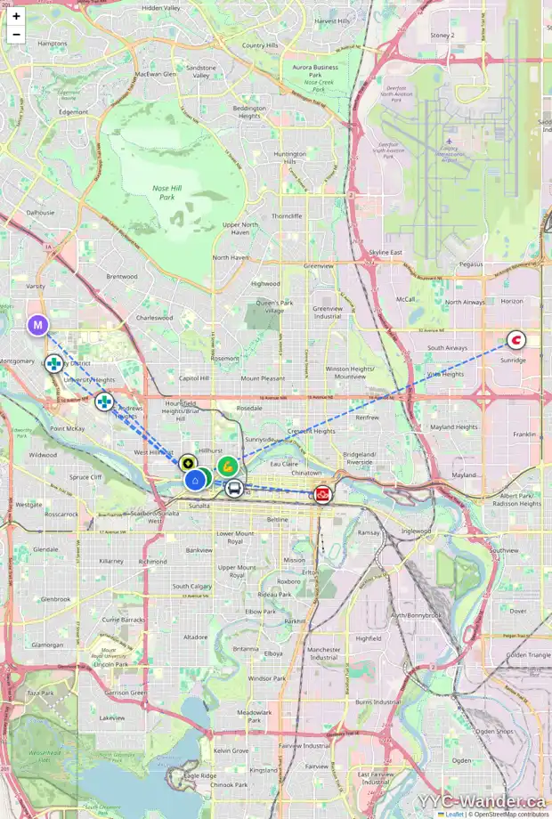 Daily accessibility map for 1812 WESTMOUNT BV NW, Calgary showing nearby schools, grocery stores, parks, LRT stations and nearby amenities