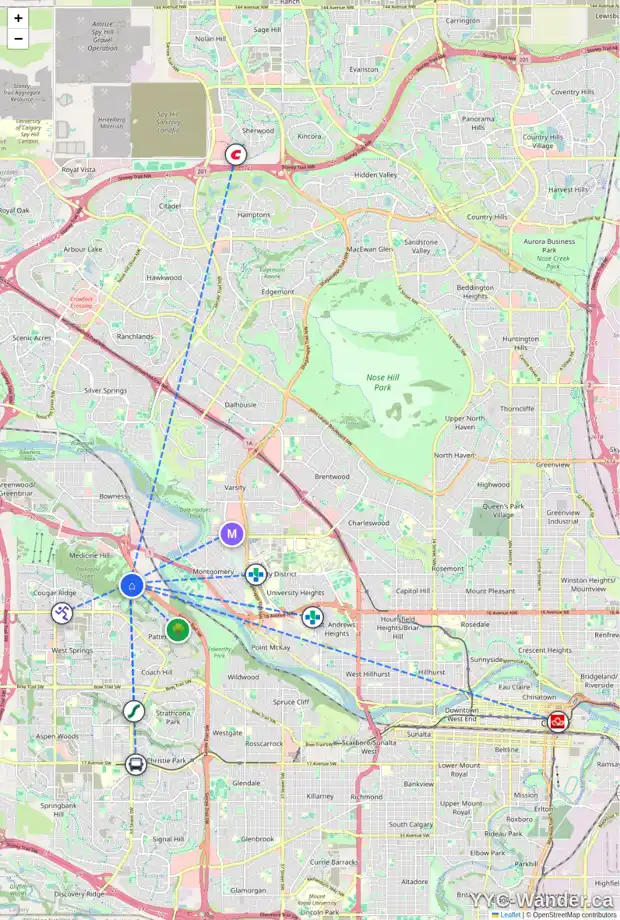Daily accessibility map for 569 PATTERSON GV SW, Calgary showing nearby schools, grocery stores, parks, LRT stations and nearby amenities