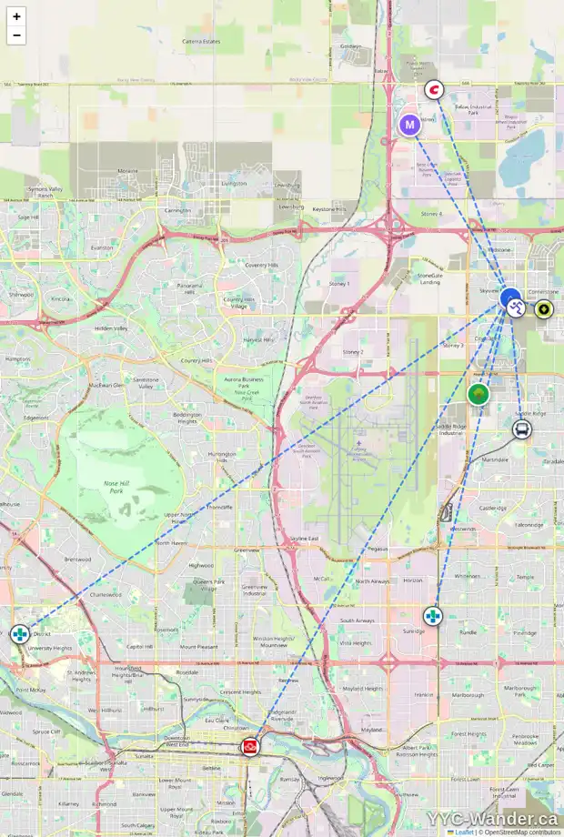 Daily accessibility map for 68 SKYVIEW POINT CM NE, Calgary showing nearby schools, grocery stores, parks, LRT stations and nearby amenities