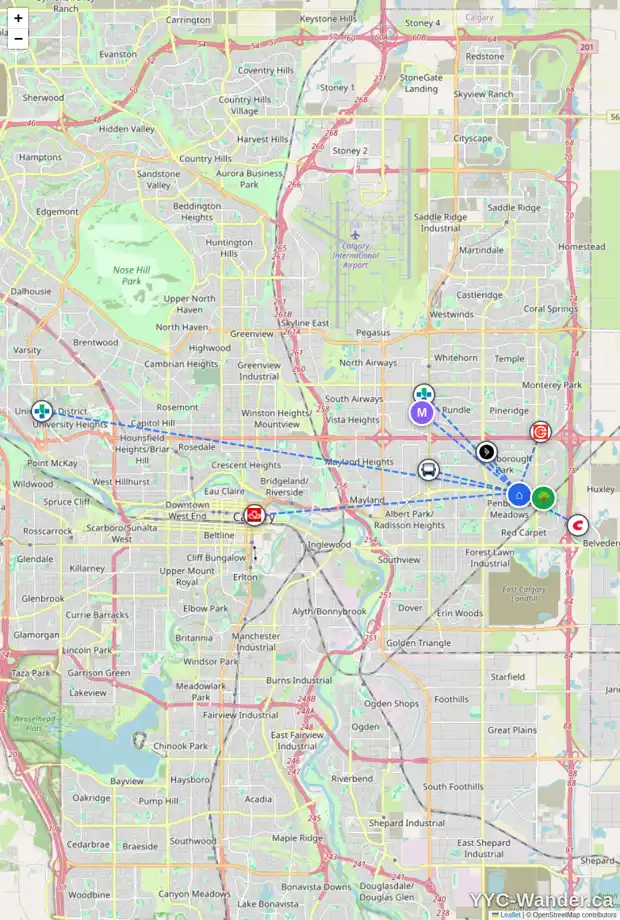Daily accessibility map for 104 PENSVILLE RD SE, Calgary showing nearby schools, grocery stores, parks, LRT stations and nearby amenities