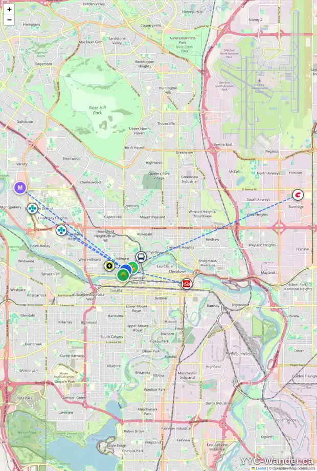 Daily accessibility map for 405 4 14 ST NW, Calgary showing nearby schools, grocery stores, parks, LRT stations and nearby amenities