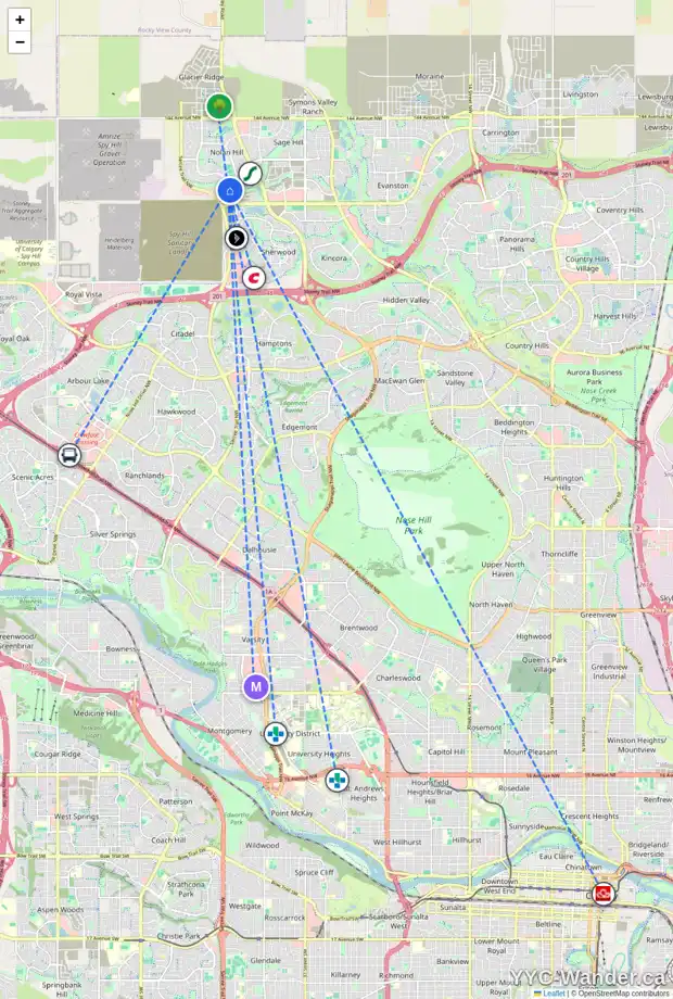 Daily accessibility map for 123 NOLANSHIRE PT NW, Calgary showing nearby schools, grocery stores, parks, LRT stations and nearby amenities