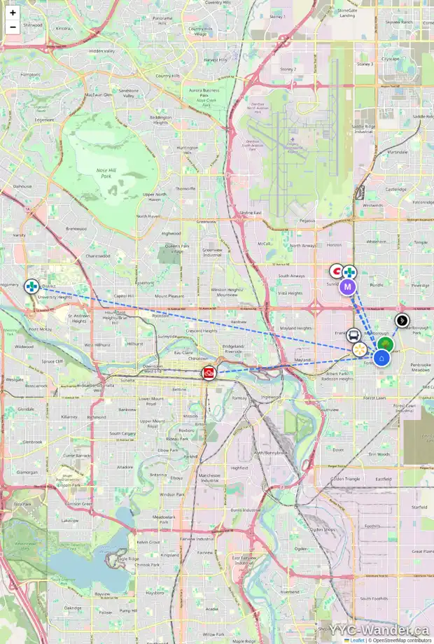 Daily accessibility map for 4602 FORTUNE RD SE, Calgary showing nearby schools, grocery stores, parks, LRT stations and nearby amenities
