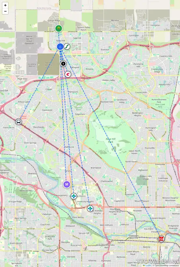 Daily accessibility map for 19 NOLANSHIRE CR NW, Calgary showing nearby schools, grocery stores, parks, LRT stations and nearby amenities