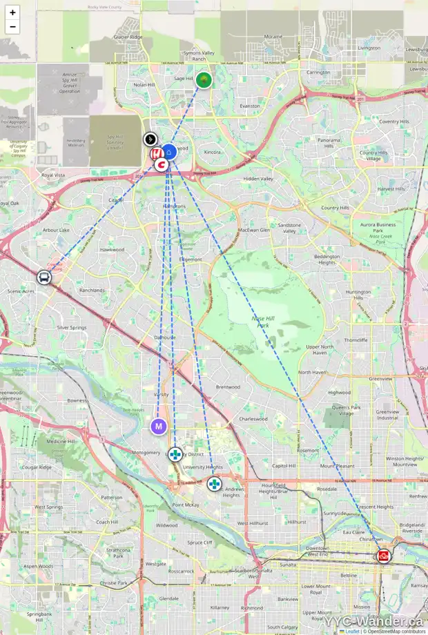 Daily accessibility map for 1301 SHERWOOD BV NW, Calgary showing nearby schools, grocery stores, parks, LRT stations and nearby amenities