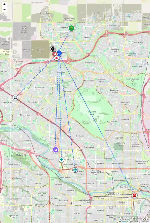 Daily accessibility map for 1309 SHERWOOD BV NW, Calgary showing nearby schools, grocery stores, parks, LRT stations and nearby amenities