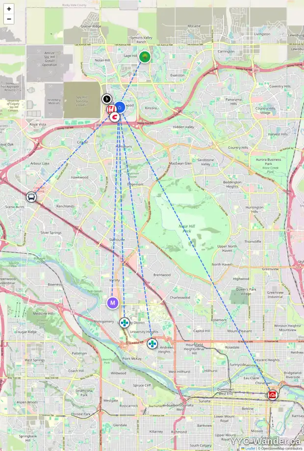Daily accessibility map for 1313 SHERWOOD BV NW, Calgary showing nearby schools, grocery stores, parks, LRT stations and nearby amenities