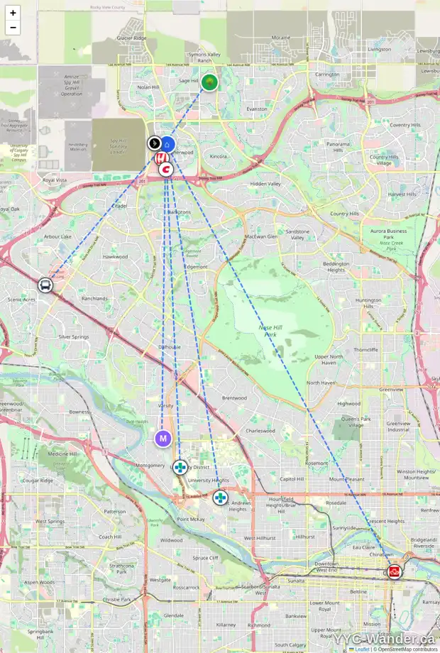 Daily accessibility map for 119 SHERWOOD PL NW, Calgary showing nearby schools, grocery stores, parks, LRT stations and nearby amenities