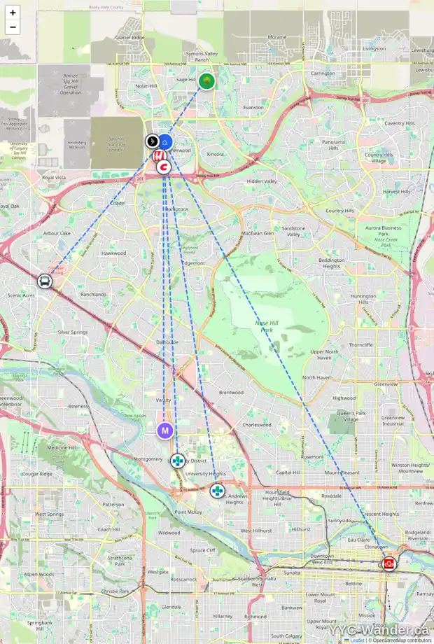 Daily accessibility map for 123 SHERWOOD PL NW, Calgary showing nearby schools, grocery stores, parks, LRT stations and nearby amenities