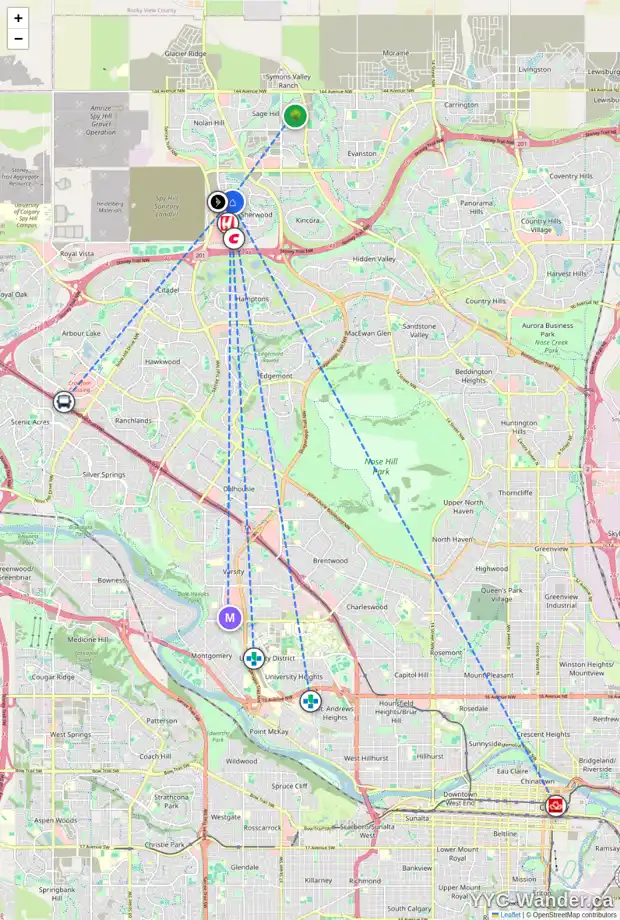 Daily accessibility map for 1621 SHERWOOD BV NW, Calgary showing nearby schools, grocery stores, parks, LRT stations and nearby amenities