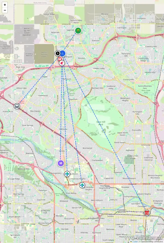 Daily accessibility map for 135 SHERWOOD PL NW, Calgary showing nearby schools, grocery stores, parks, LRT stations and nearby amenities