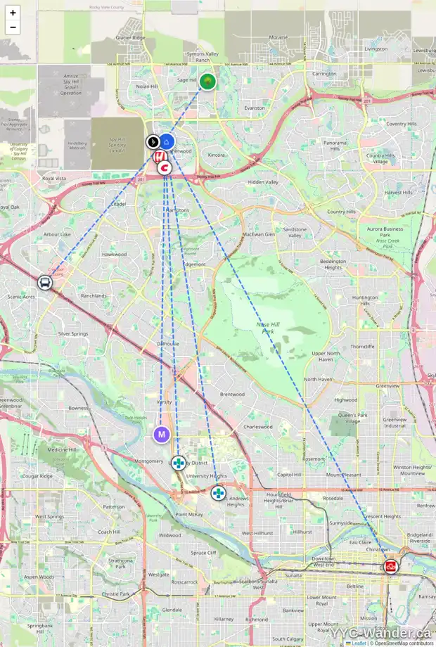 Daily accessibility map for 139 SHERWOOD PL NW, Calgary showing nearby schools, grocery stores, parks, LRT stations and nearby amenities