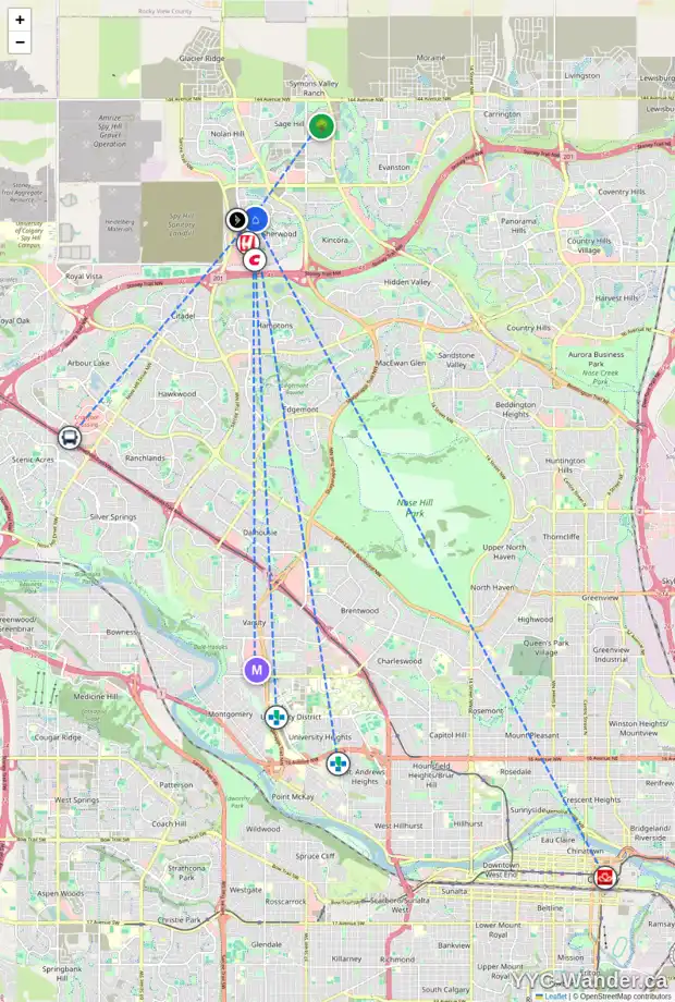 Daily accessibility map for 193 SHERWOOD HT NW, Calgary showing nearby schools, grocery stores, parks, LRT stations and nearby amenities
