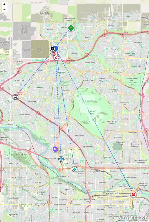 Daily accessibility map for 225 SHERWOOD HT NW, Calgary showing nearby schools, grocery stores, parks, LRT stations and nearby amenities