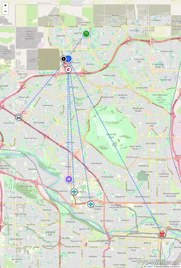 Daily accessibility map for 197 SHERWOOD HT NW, Calgary showing nearby schools, grocery stores, parks, LRT stations and nearby amenities