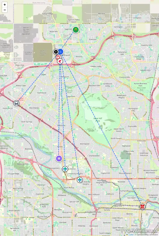 Daily accessibility map for 189 SHERWOOD HT NW, Calgary showing nearby schools, grocery stores, parks, LRT stations and nearby amenities