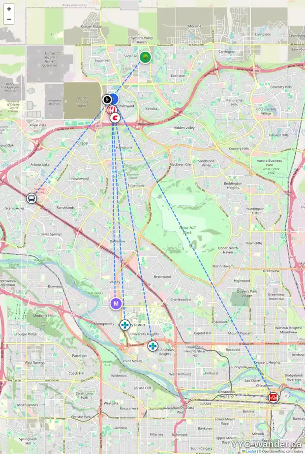 Daily accessibility map for 5 SHERWOOD HT NW, Calgary showing nearby schools, grocery stores, parks, LRT stations and nearby amenities