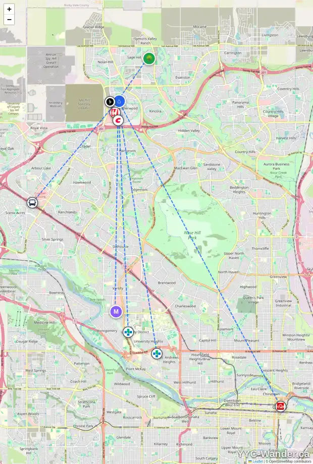Daily accessibility map for 185 SHERWOOD HT NW, Calgary showing nearby schools, grocery stores, parks, LRT stations and nearby amenities