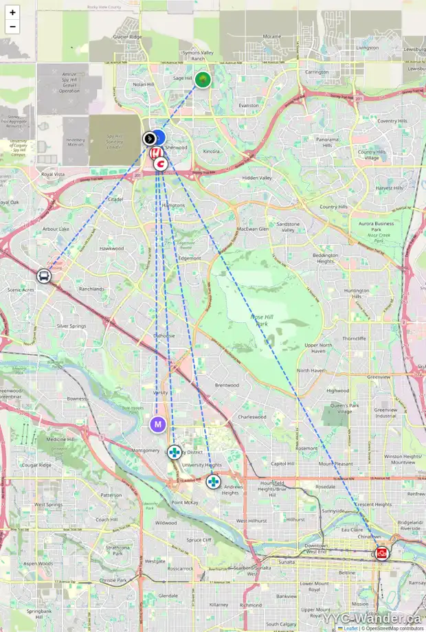 Daily accessibility map for 9 SHERWOOD HT NW, Calgary showing nearby schools, grocery stores, parks, LRT stations and nearby amenities