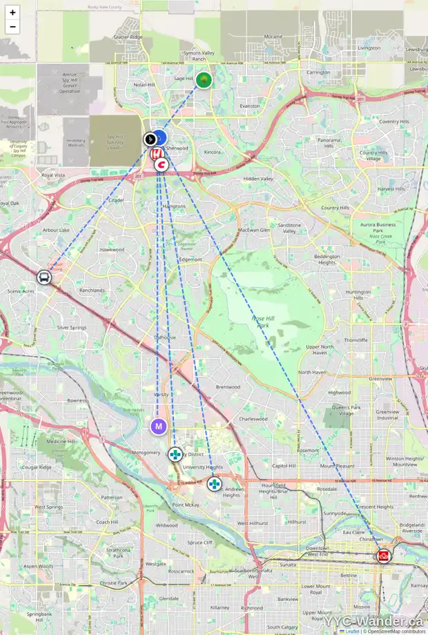 Daily accessibility map for 13 SHERWOOD HT NW, Calgary showing nearby schools, grocery stores, parks, LRT stations and nearby amenities