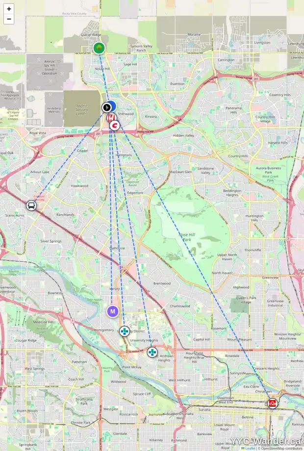 Daily accessibility map for 53 SHERWOOD HT NW, Calgary showing nearby schools, grocery stores, parks, LRT stations and nearby amenities