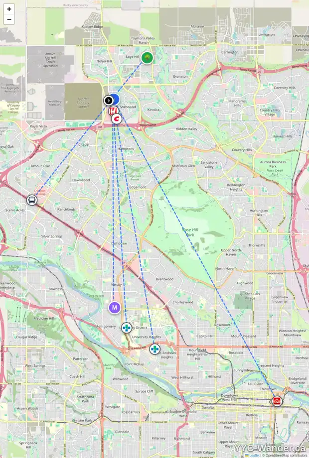 Daily accessibility map for 33 SHERWOOD HT NW, Calgary showing nearby schools, grocery stores, parks, LRT stations and nearby amenities