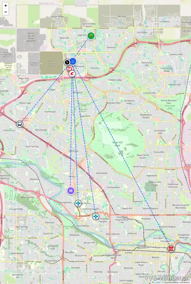 Daily accessibility map for 169 SHERWOOD HT NW, Calgary showing nearby schools, grocery stores, parks, LRT stations and nearby amenities