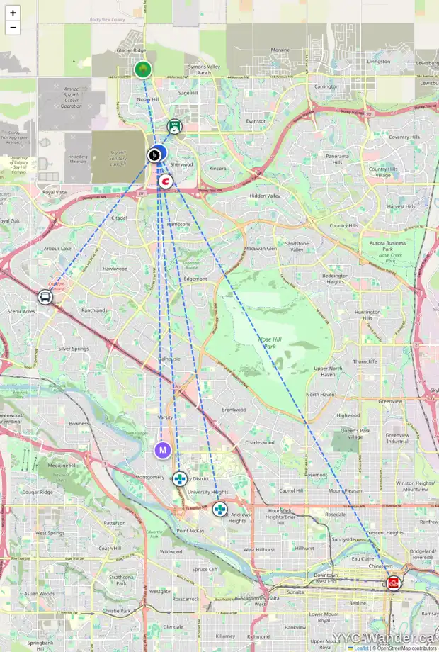Daily accessibility map for 65 SHERWOOD HT NW, Calgary showing nearby schools, grocery stores, parks, LRT stations and nearby amenities