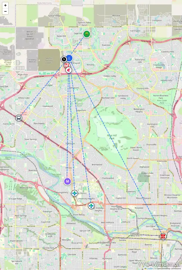 Daily accessibility map for 165 SHERWOOD HT NW, Calgary showing nearby schools, grocery stores, parks, LRT stations and nearby amenities