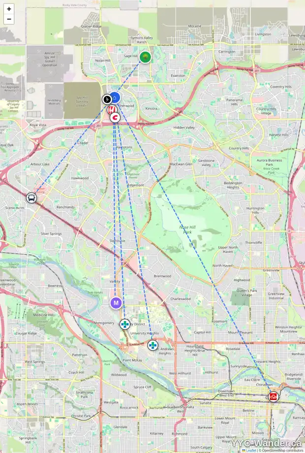 Daily accessibility map for 141 SHERWOOD HT NW, Calgary showing nearby schools, grocery stores, parks, LRT stations and nearby amenities