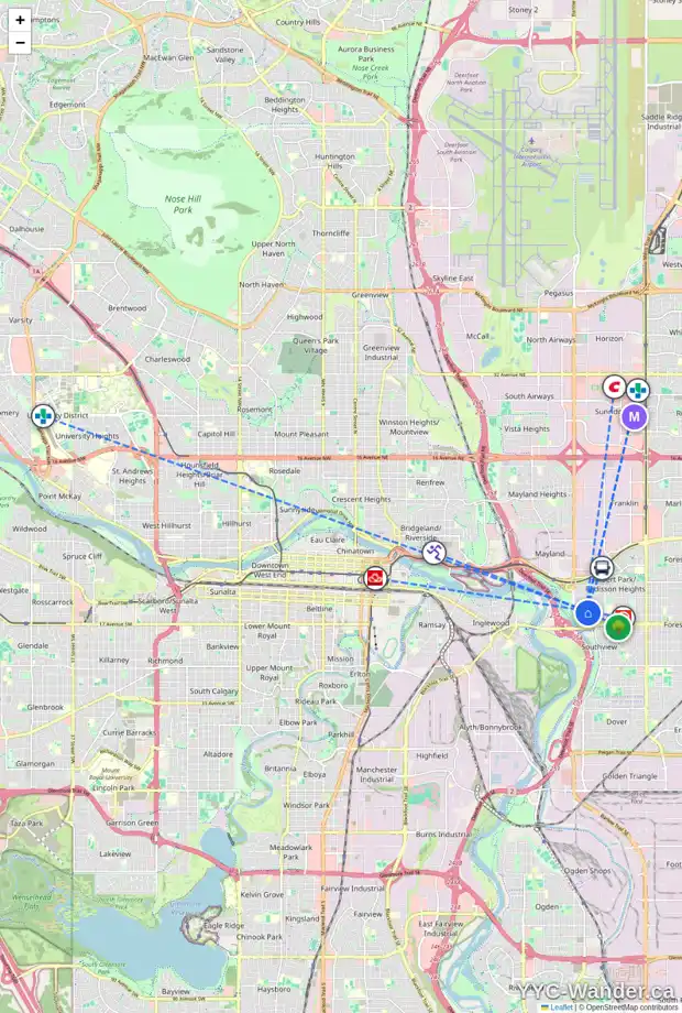 Daily accessibility map for 2633 14 AV SE, Calgary showing nearby schools, grocery stores, parks, LRT stations and nearby amenities