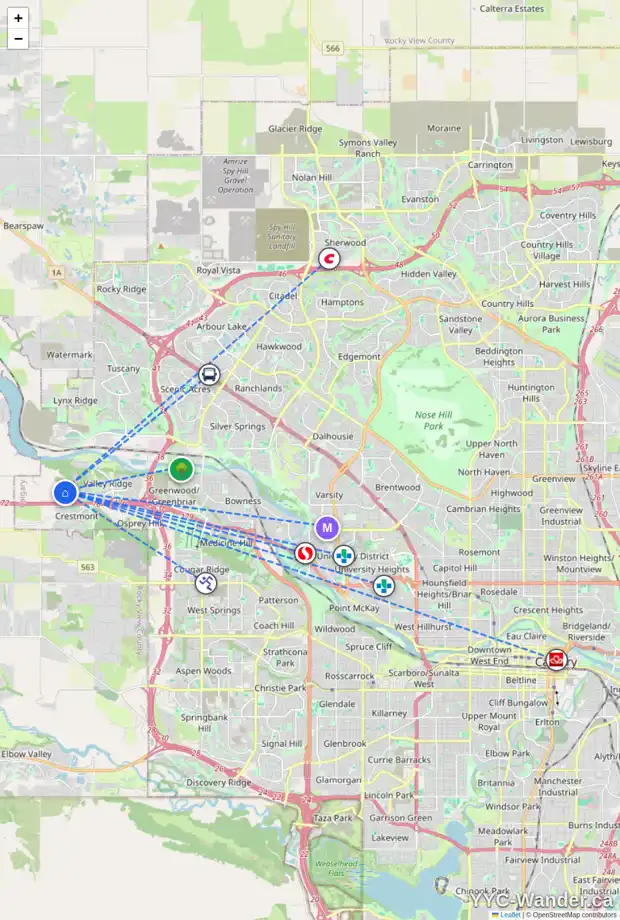 Daily accessibility map for 14 VALLEY POINTE BA NW, Calgary showing nearby schools, grocery stores, parks, LRT stations and nearby amenities