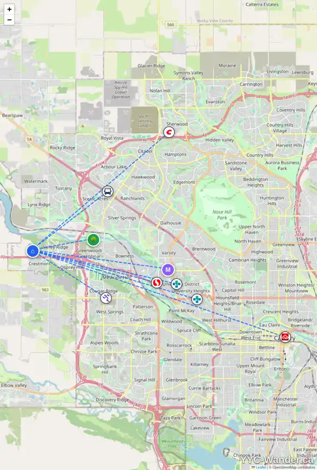 Daily accessibility map for 213 VALLEY POINTE WY NW, Calgary showing nearby schools, grocery stores, parks, LRT stations and nearby amenities