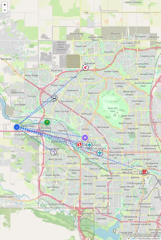 Daily accessibility map for 266 VALLEY POINTE WY NW, Calgary showing nearby schools, grocery stores, parks, LRT stations and nearby amenities