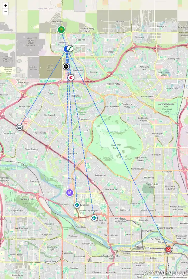 Daily accessibility map for 4 NOLANFIELD WY NW, Calgary showing nearby schools, grocery stores, parks, LRT stations and nearby amenities