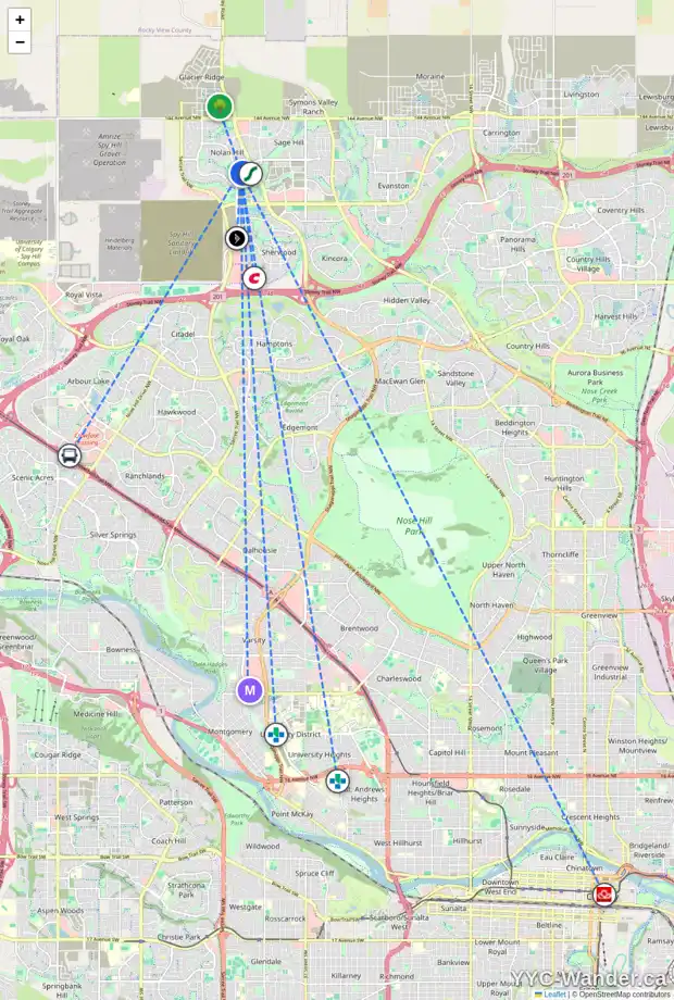 Daily accessibility map for 21 NOLANFIELD WY NW, Calgary showing nearby schools, grocery stores, parks, LRT stations and nearby amenities
