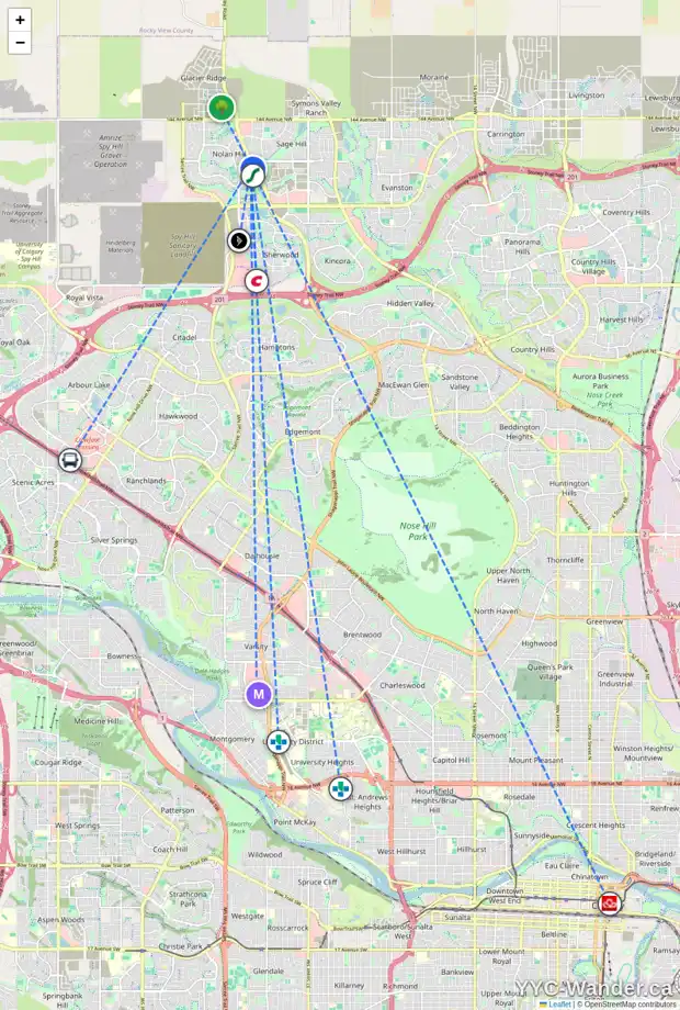 Daily accessibility map for 124 NOLANFIELD WY NW, Calgary showing nearby schools, grocery stores, parks, LRT stations and nearby amenities