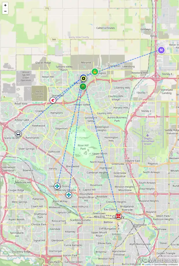 Daily accessibility map for 8 EVANSFIELD PL NW, Calgary showing nearby schools, grocery stores, parks, LRT stations and nearby amenities